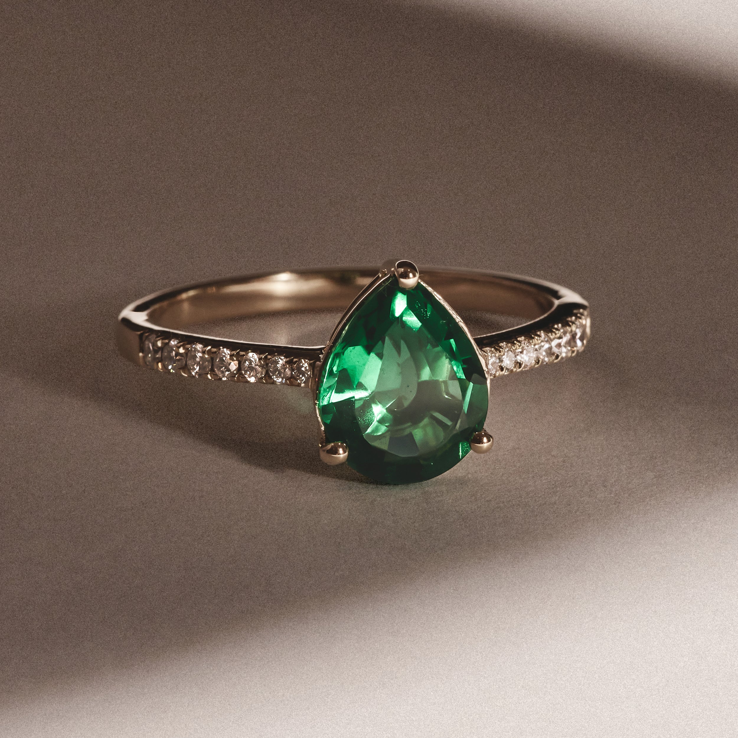 Astra 2.30ct Lab Emerald and Diamond Shoulder Set Pear Cut Ring in 18K Gold Vermeil